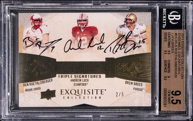 2013 Upper Deck Exquisite Collection Ben Roethlisberger/Andrew Luck/Drew Brees Multi-Signed Ensemble 3 Signatures #EE3-RLB card image