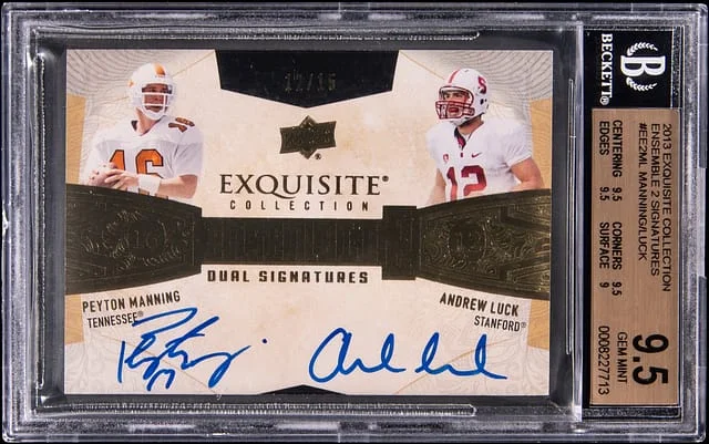 2013 Upper Deck Exquisite Collection Peyton Manning/Andrew Luck Ensemble 2 Signatures #EE2-ML card image