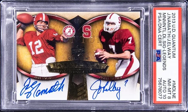2013 Upper Deck Joe Namath/John Elway Quantum Monumental Dual Signatures Legends #MDL-NE card image