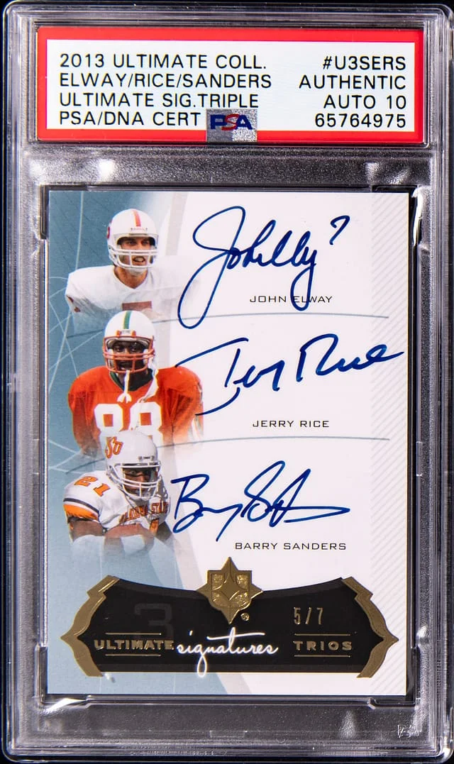 2013 Upper Deck Ultimate Collection John Elway, Jerry Rice, Barry Sanders Multi-Signed Ultimate Signatures Triple #U3S-ERS card image