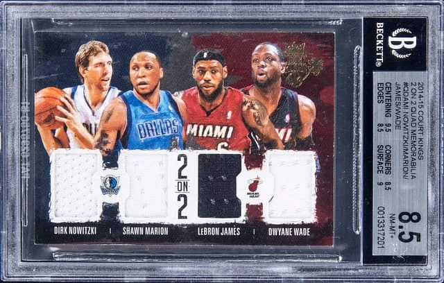 2014-15 Panini Court Kings Nowitzki/Marion/James/Wade 2 On 2 Quad Memorabilia #Q-DA-MI card image