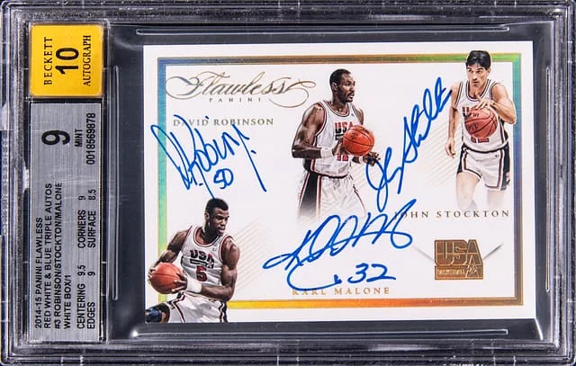 2014-15 Panini Flawless David Robinson/John Stockton/Karl Malone Multi-Signed Red White & Blue Team USA Triple Autographs White Box #RWB-DKJ card image