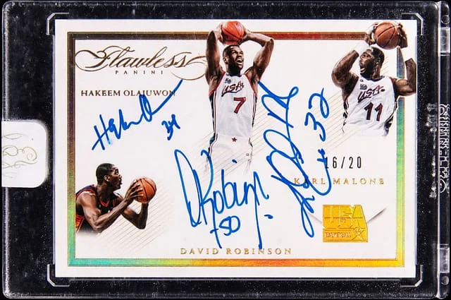 2014-15 Panini Flawless Hakeem Olajuwon/Karl Malone/David Robinson Multi-Signed Card - Panini Encased Red White & Blue Triple Autographs #RWB-HDK card image