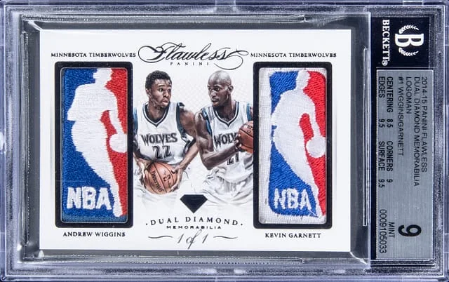 2014-15 Panini Flawless Kevin Garnett/Andrew Wiggins Year Dual Diamond Memorabilia Logoman #DD-MT card image