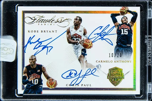 2014-15 Panini Flawless Kobe Bryant/Chris Paul/Carmelo Anthony Multi-Signed Card - Panini Encased Red White & Blue Team USA Autographs #RWB-KCC card image