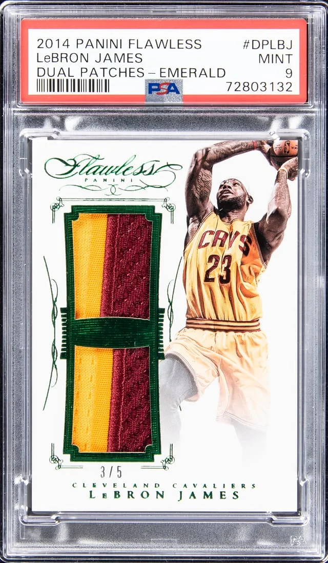 2014-15 Panini Flawless LeBron James Dual Patches Emerald #DP-LBJ card image