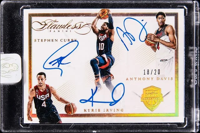 2014-15 Panini Flawless Stephen Curry/Kyrie Irving/Anthony Davis Multi-Signed Card - Panini Encased Red, White, Blue Triple Autographs #RWB-SKA card image