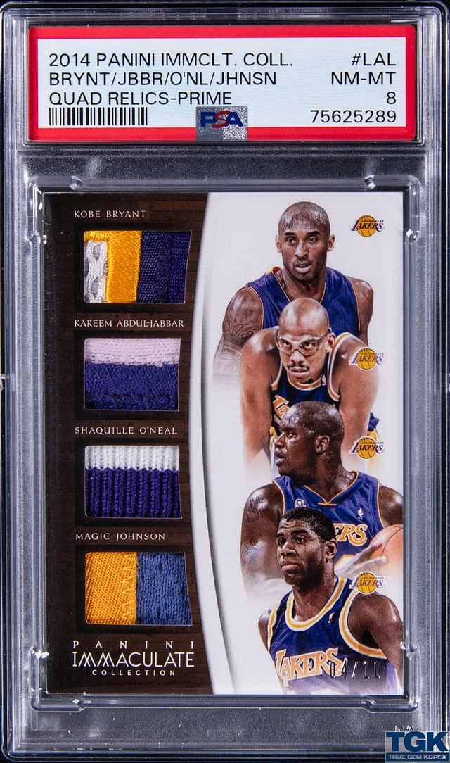 2014-15 Panini Immaculate Collection Bryant/Abdul-Jabbar/O'Neal/Johnson Quad-Patch Quad Relics Prime #Q-LAL card image