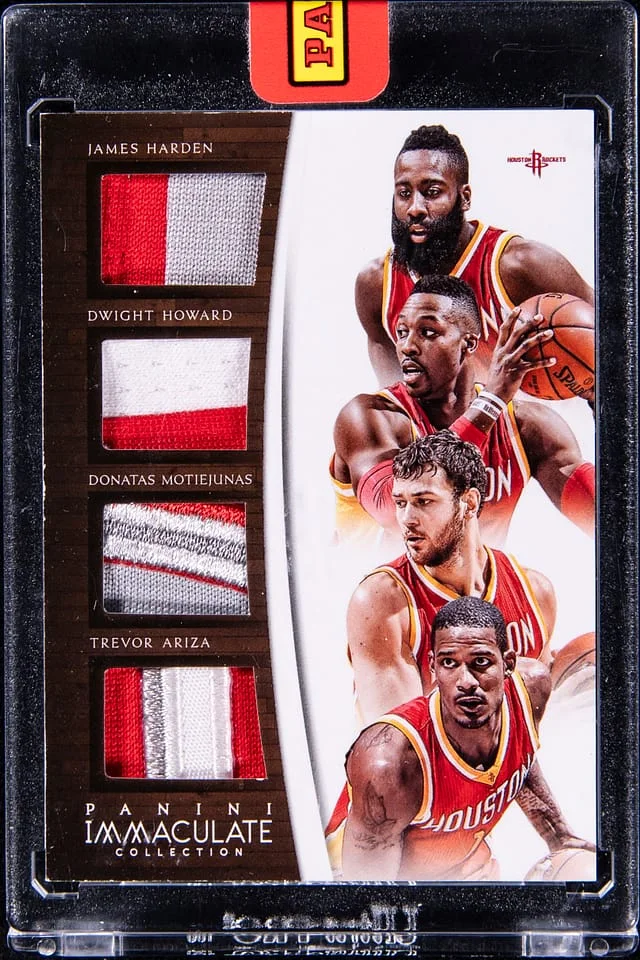 2014-15 Panini Immaculate Collection Harden/Howard/Motiejunas/Ariza Quad Patch Black Box #Q-HOU card image