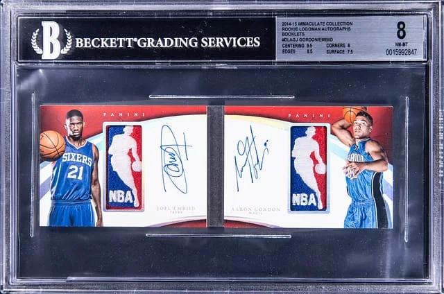 2014-15 Panini Immaculate Collection Joel Embiid/Aaron Gordon Logoman Autographs Booklet #DL-JA card image
