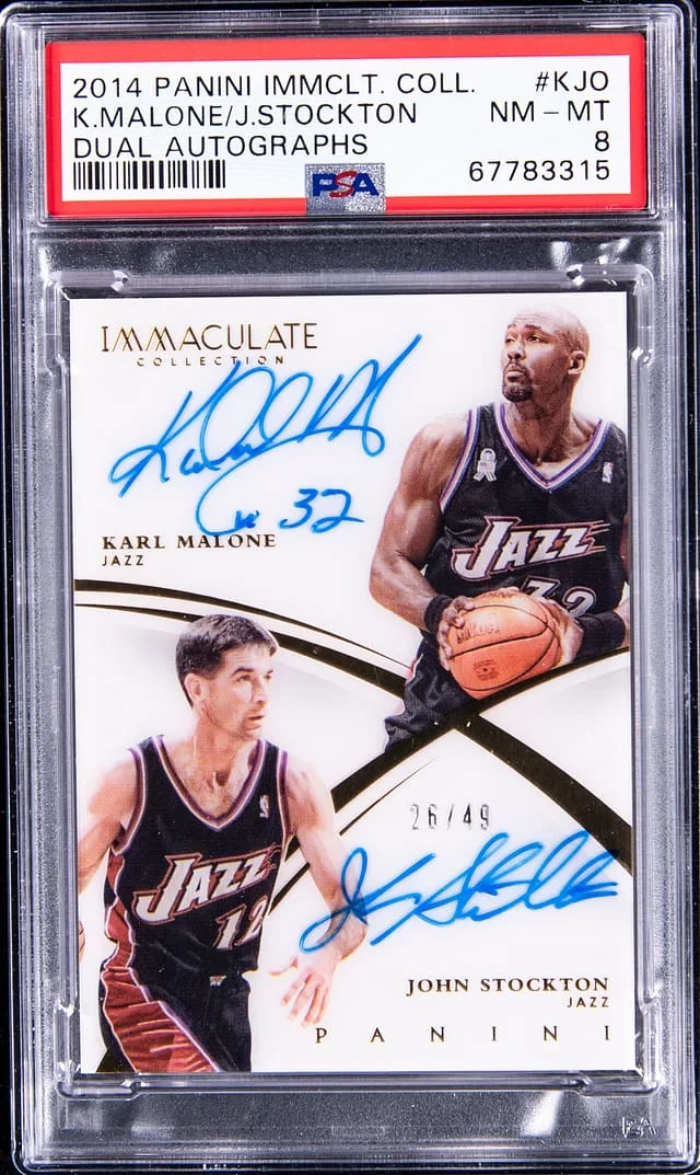 2014-15 Panini Immaculate Collection Karl Malone/John Stockton Dual Autographs #DA-KJO card image