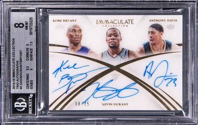 2014-15 Panini Immaculate Collection Kobe Bryant/Kevin Durant/Anthony Davis Multi-Signed Card - Bryant's Jersey Number Trio Autographs #TA-KKA card image