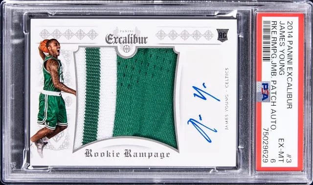 2014-15 Panini James Young Excalibur Rampage Jumbo Patch Autograph #3 card image