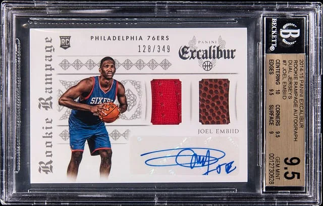 2014-15 Panini Joel Embiid Excalibur Rampage Autograph Dual Jerseys #7 card image