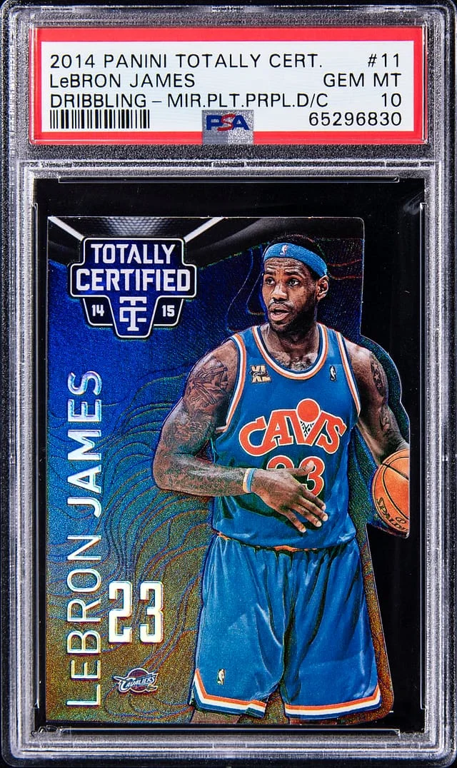 2014-15 Panini LeBron James, Dribbling Totally Certified Mirror Plate Purple Die Cut #11 card image