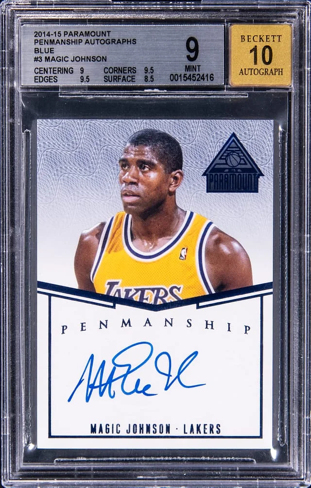 2014-15 Panini Magic Johnson Paramount Penmanship Autographs Blue #P-MJ card image