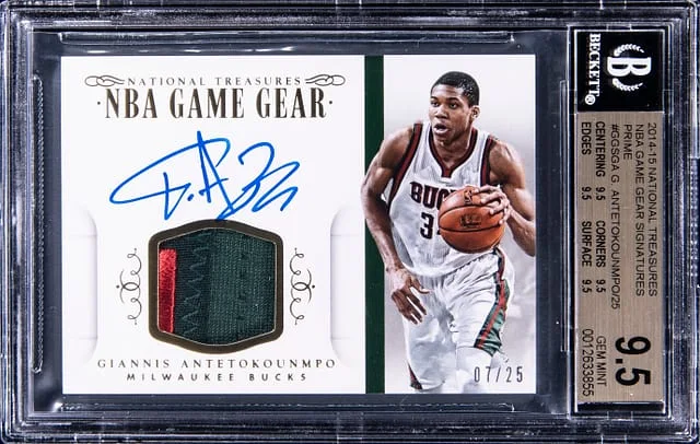 2014-15 Panini National Treasures Giannis Antetokounmpo NBA Game Gear Signatures Prime #GGS-GA card image