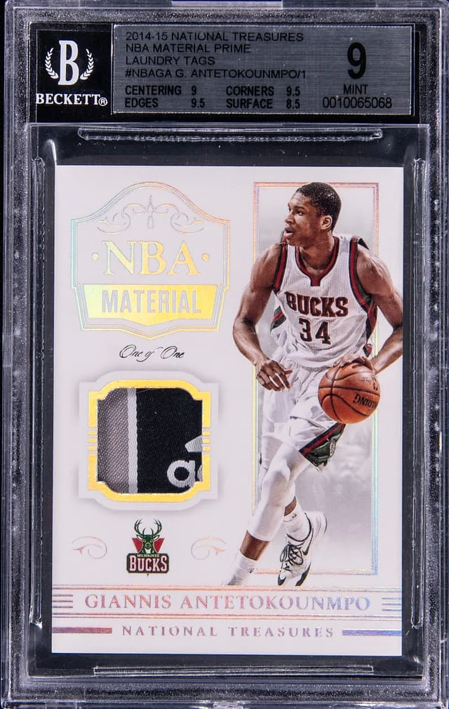 2014-15 Panini National Treasures Giannis Antetokounmpo NBA Material Prime Laundry Tags #NBA-GA card image
