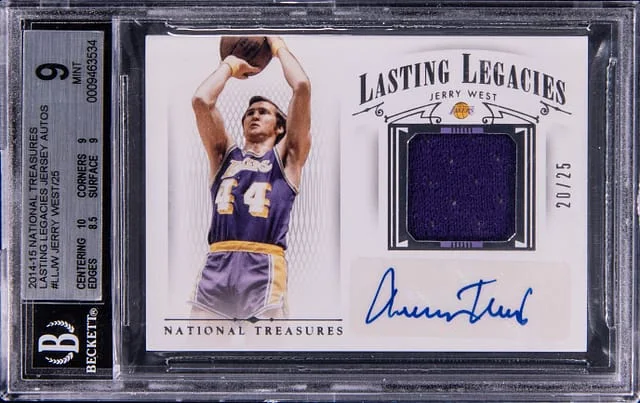2014-15 Panini National Treasures Jerry West Lasting Legacies Jersey Autographs #LLJW card image