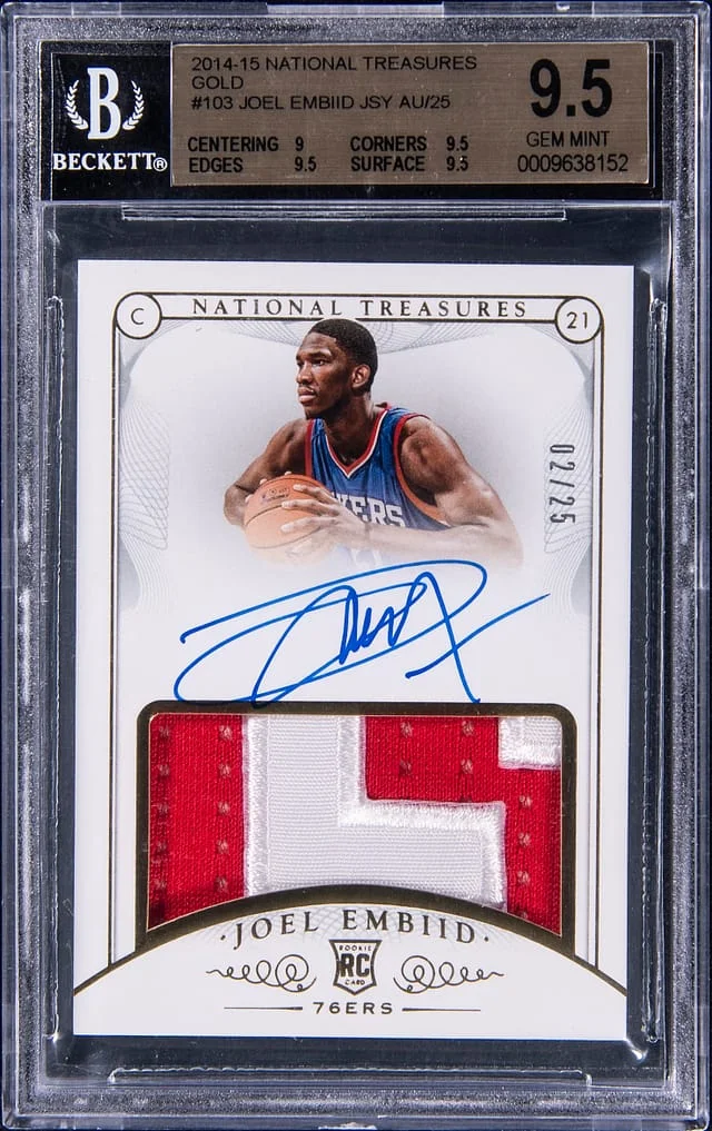 2014-15 Panini National Treasures Joel Embiid Patch Autographs (RPA) Platinum #103 card image