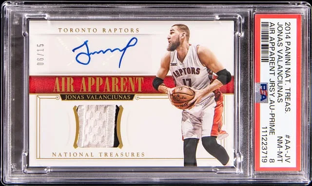 2014-15 Panini National Treasures Jonas Valanciunas Air Apparent Jersey Autographs Prime #AA-JV card image