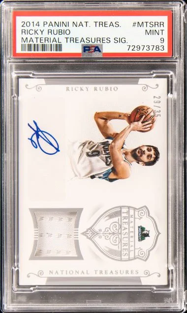 2014-15 Panini National Treasures Ricky Rubio Material Treasures Signatures #MTS-RR card image