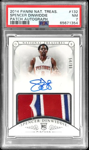 2014-15 Panini National Treasures Spencer Dinwiddie Patch Autograph (RPA) #132 card image