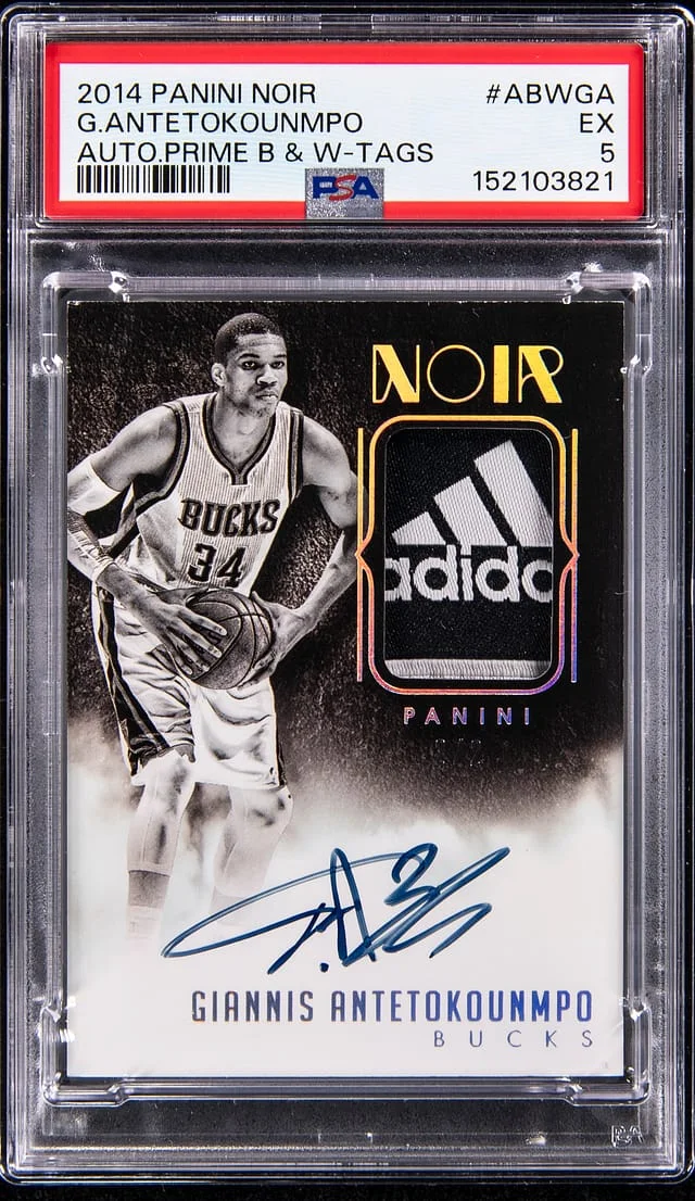 2014-15 Panini Noir Giannis Antetokounmpo Autograph Prime Black & White Tags #ABW-GA card image