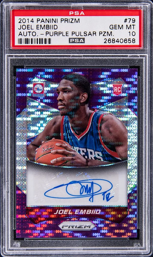 2014-15 Panini Prizm Joel Embiid Autograph Purple Pulsar Prizm #79 card image