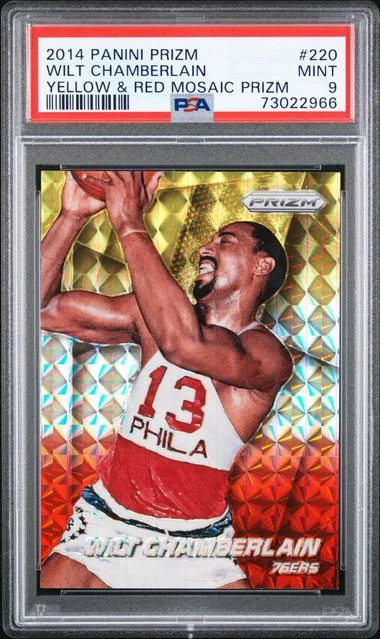 2014-15 Panini Prizm Wilt Chamberlain Yellow & Red Mosaic Prizm #220 card image