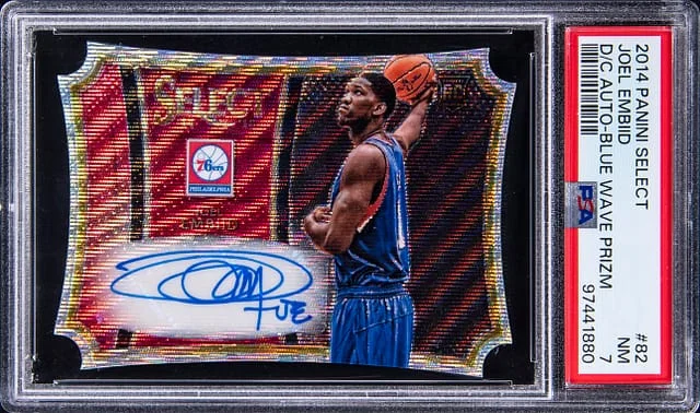 2014-15 Panini Select Joel Embiid Die-Cut Autograph Blue Wave Prizm #82 card image