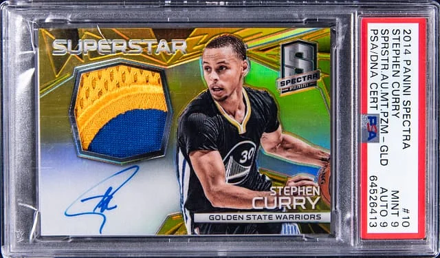 2014-15 Panini Spectra Stephen Curry Superstar Autograph Materials Gold Prizm #10 card image