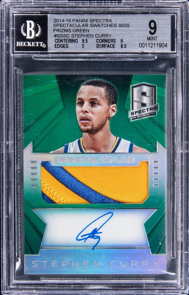 2014-15 Panini Spectra Stephen Curry Spectacular Swatches Signatures Green Prizm #SS-SC card image
