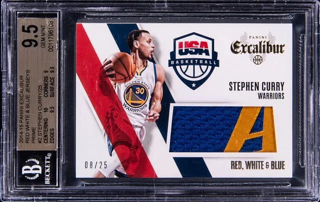 2014-15 Panini Stephen Curry Excalibur Red White & Blue Jerseys Prime #2 card image