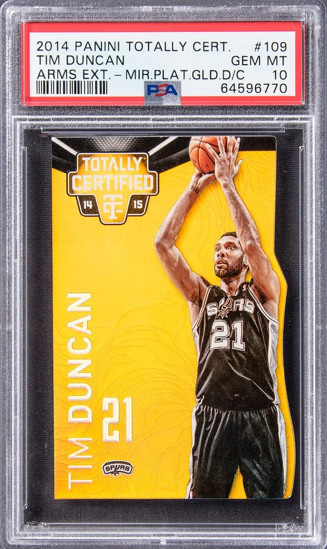 2014-15 Panini Tim Duncan, Arms Extended Totally Certified Mirror Plate Gold Die Cut #109 card image