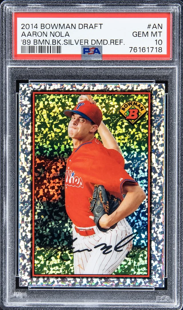 2014 Bowman Draft Aaron Nola 89 Bowman Draft Back Silver Diamond Refractor #AN card image