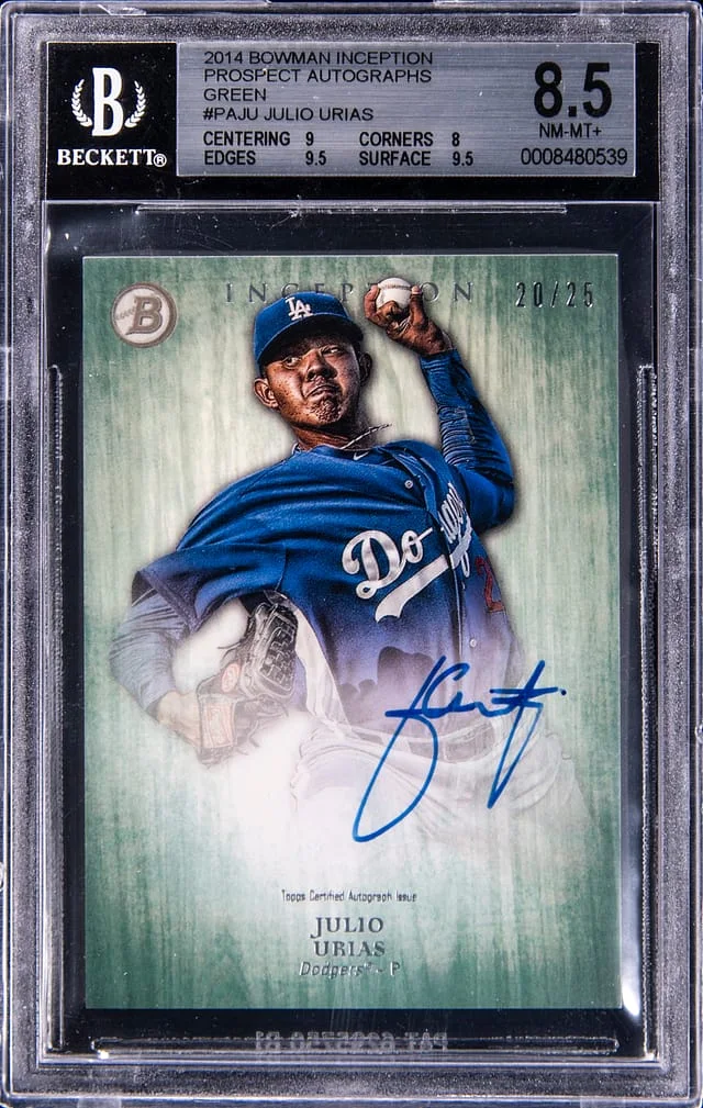 2014 Bowman Julio Urias Inception Prospect Autographs Green #PAJU card image