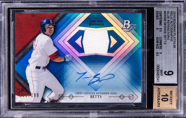 2014 Bowman Platinum Mookie Betts Relic Autographs Blue Refractor #AR-MB card image
