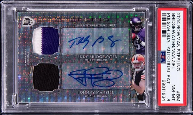 2014 Bowman Sterling Teddy Bridgewater/Johnny Manziel Pulsar Dual Autograph Dual Patch #BSPDAR-BM card image