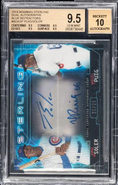 2014 Bowman Sterling Y.Puig/J.Soler Dual Autographs Blue Refractors #BDASP card image