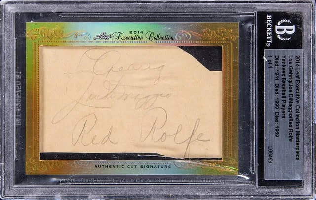 2014 Leaf Executive Collection Masterpiece Lou Gehrig/Joe DiMaggio/Red Rolfe Multi-Signed #no-number card image