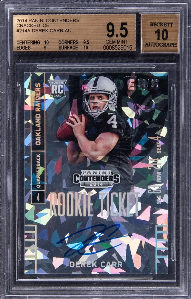 2014 Panini Contenders Derek Carr NFL Logo Playoff Ticket Autograph #214 card image