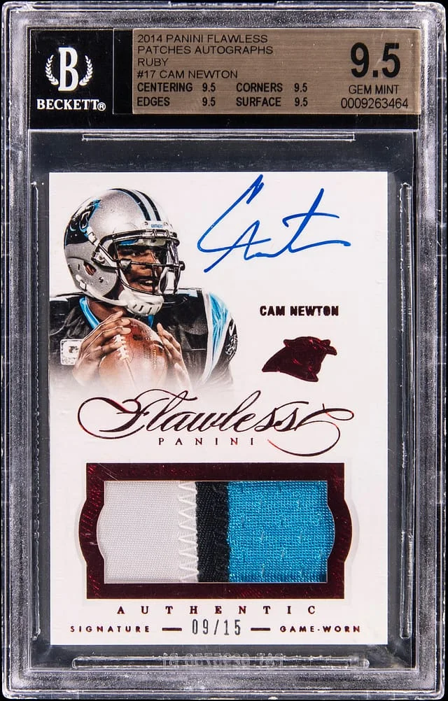 2014 Panini Flawless Cam Newton Patches Autographs Ruby #11 card image