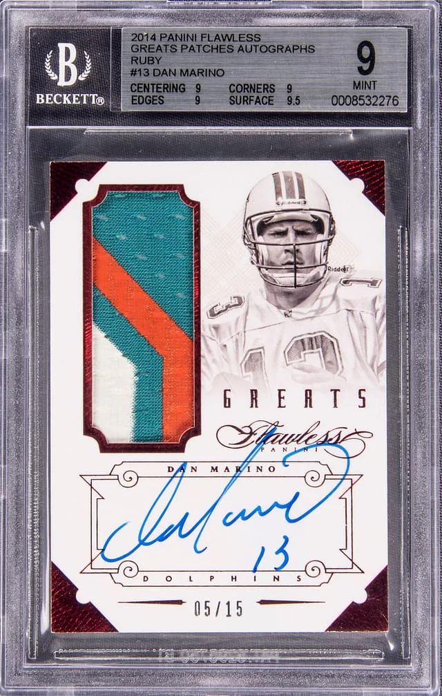 2014 Panini Flawless Dan Marino Greats Patches Autographs Ruby #13 card image