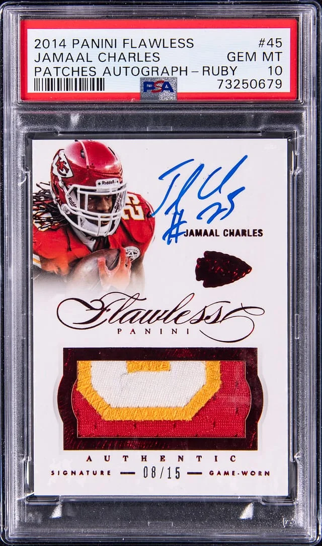 2014 Panini Flawless Jamaal Charles Patches Autograph Ruby #45 card image