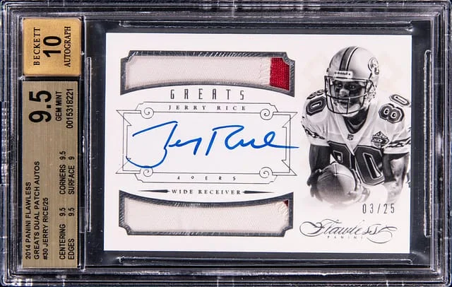 2014 Panini Flawless Jerry Rice Greats Dual Patch Autographs #30 card image