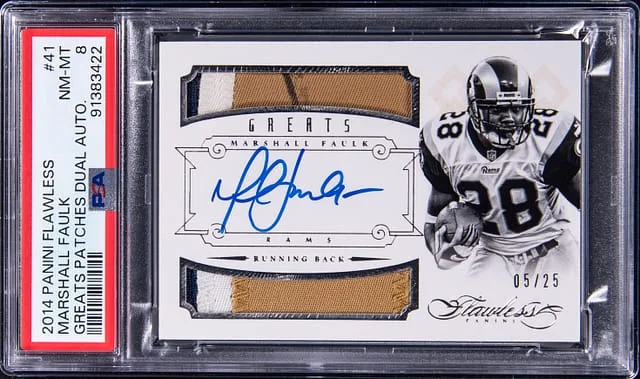 2014 Panini Flawless Marshall Faulk Greats Dual Patches Autograph #41 card image