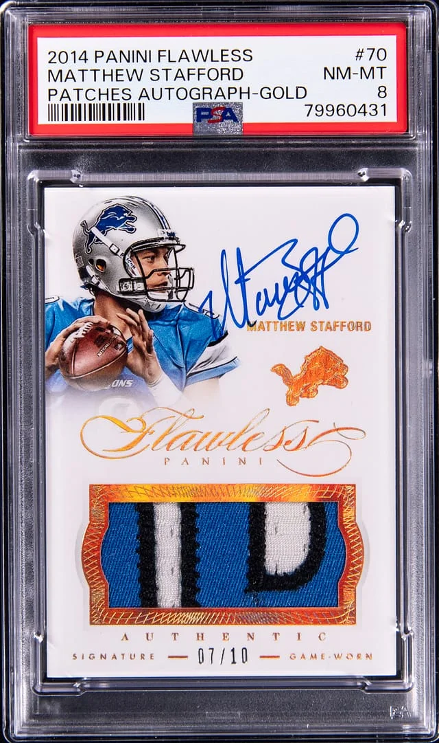 2014 Panini Flawless Matthew Stafford Patches Autograph Gold #70 card image