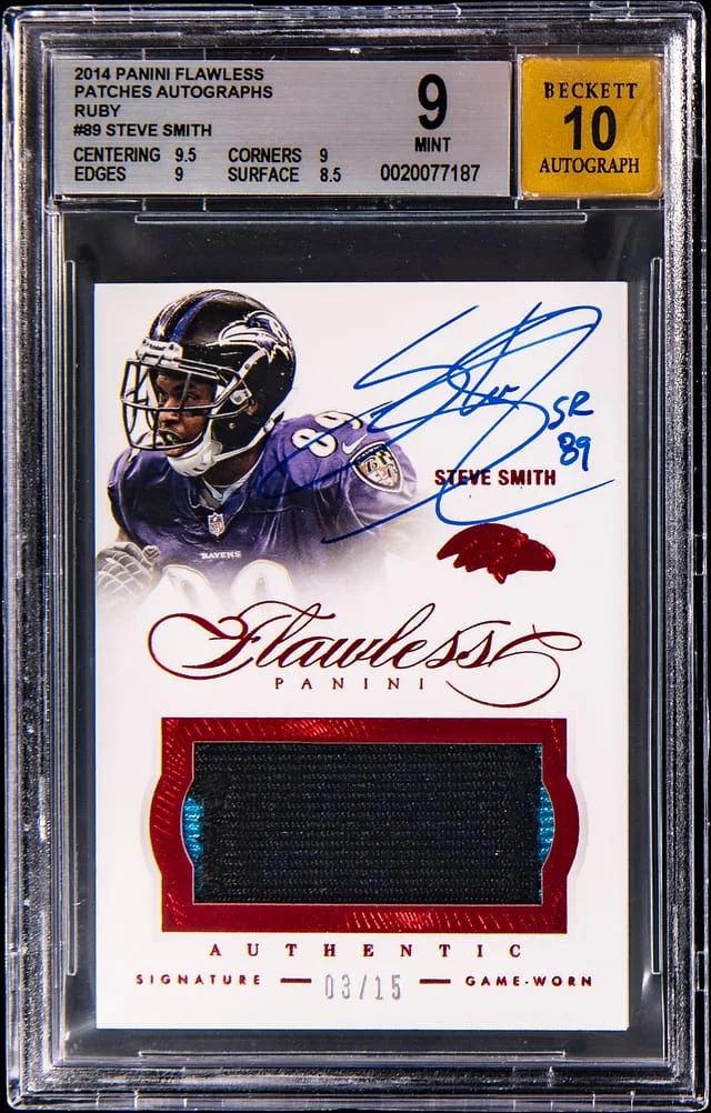 2014 Panini Flawless Steve Smith Patches Autographs Ruby #89 card image