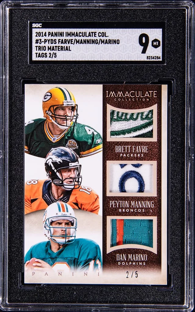 2014 Panini Immaculate Favre/Manning/Marino Trio Material Tags #3-PYDS card image
